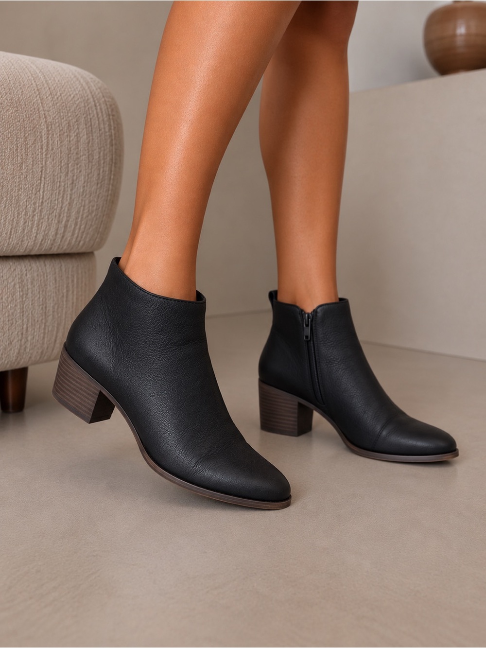 Kensie Black Leather Ankle Booties with Side Zip